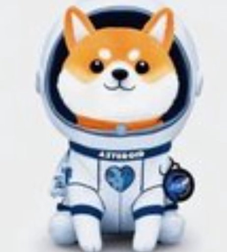 The image features a small stuffed animal, likely a dog or a cat, dressed up as an astronaut with a blue and white suit. The toy appears to be wearing a helmet and has a heart-shaped tag attached to its chest. The toy is sitting on a surface against a plain background, making it the main focus of the image.