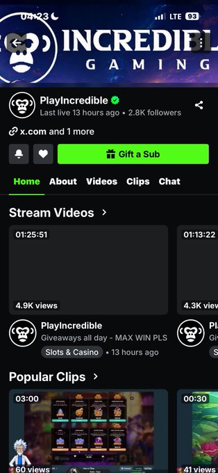 A screenshot of the 'PlayIncredible' Twitch channel under the 'INCREDIBLE GAMING' banner, showing stream videos and popular clips.