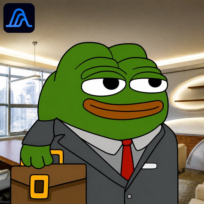 A cartoon Pepe the Frog dressed in a business suit and red tie, holding a briefcase in a modern office setting, with a logo in the top left corner.