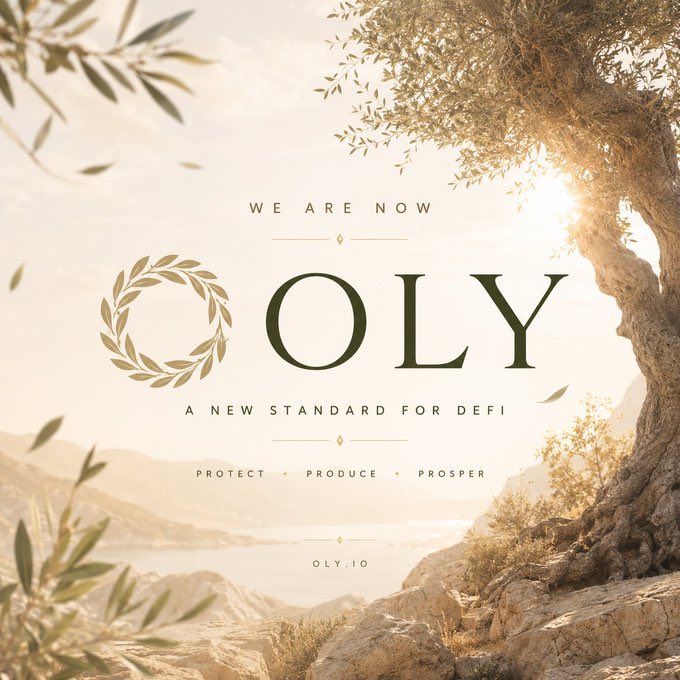 A promotional graphic for the cryptocurrency 'OLY' with the tagline 'A NEW STANDARD FOR DEFI' and 'PROTECT · PRODUCE · PROSPER', featuring a serene landscape with an olive tree.