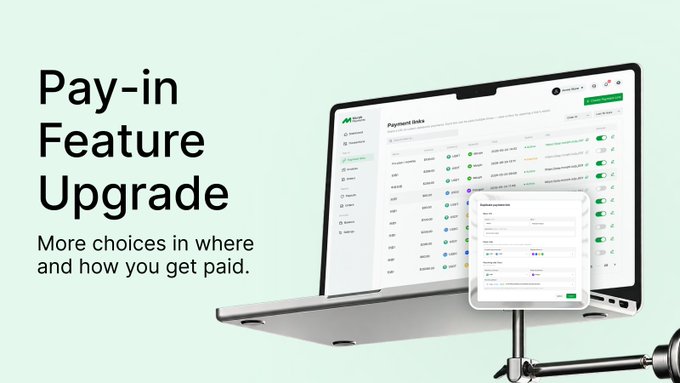 A promotional graphic titled 'Pay-in Feature Upgrade' with the subtext 'More choices in where and how you get paid,' showing a laptop displaying a payment settings dashboard.