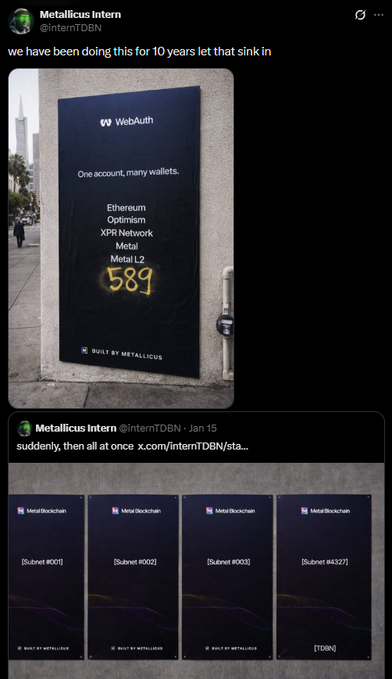 The image shows a Metallicus Intern (@internTDBN) tweet featuring WebAuth advertisements built by Metallicus, promoting multi-chain wallet support for Ethereum, Optimism, XRP Network, Metal, and Metal L2, alongside sequential MetalBlockchain subnet signage displaying Subnet #001 through Subnet #4327, illustrating the network's decade-long expansion of decentralized infrastructure.