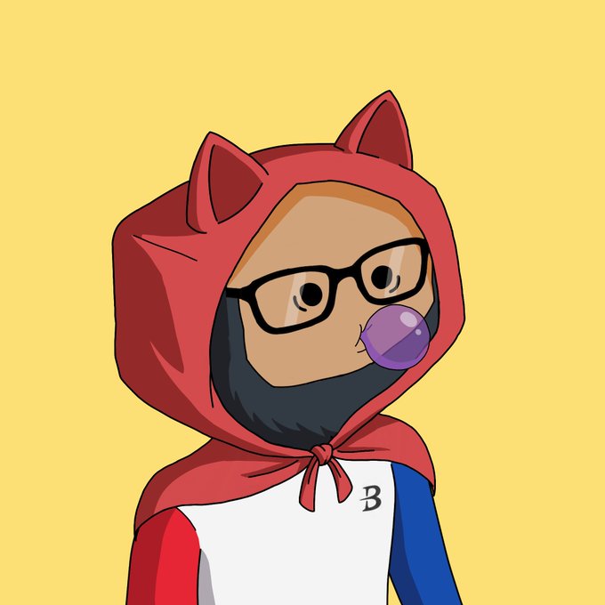 A cartoon character wearing a red hooded cape with fox/cat ears, black-framed glasses, and blowing a purple bubblegum bubble, set against a yellow background. The image appears to be a playful avatar representing the "nose-poking" Web3 personality described, with the purple bubble possibly symbolizing his bubbly, ever-present involvement in the crypto space.