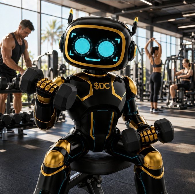 A black and gold robotic mascot with "$DC" displayed on its chest lifts dumbbells in a gym, surrounded by fitness enthusiasts. The image visually reinforces the giveaway's crypto-themed branding, fitting for a $200 $SOL prize promotion.