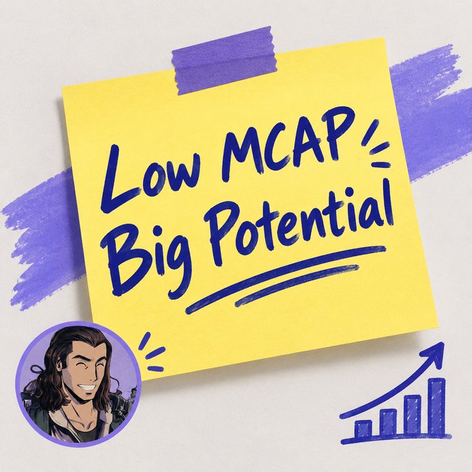 Graphic with a yellow sticky note reading 'Low MCAP = Big Potential' alongside a bar chart illustration and a cartoon character avatar.