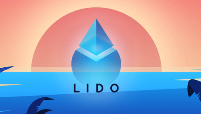 The image features the Lido logo—a stylized blue droplet with an Ethereum diamond symbol on top—set against a stylized sunset over the ocean, with the text "LIDO" prominently displayed. The illustration evokes a serene, "lighter" atmosphere that complements the post's message about Lido's Curated Module v2 reducing the network's validator count post-Pectra, visually reinforcing the concept of a simplified, streamlined Ethereum staking landscape.