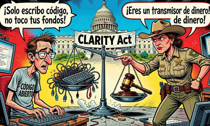 A political cartoon with Spanish text depicting a coder ("CÓDIGO ABIERTO") saying "¡Solo escribo código, no toco tus fondos!" while a sheriff accuses him of being a money transmitter under the "CLARITY Act."