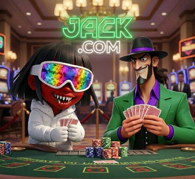 The image features a man wearing a green suit holding a deck of cards while another person dressed in white is also holding a deck of cards at a poker table with chips spread out around them. The background shows a casino setting, which suggests that they are playing a game of poker or participating in some form of gambling activity.
