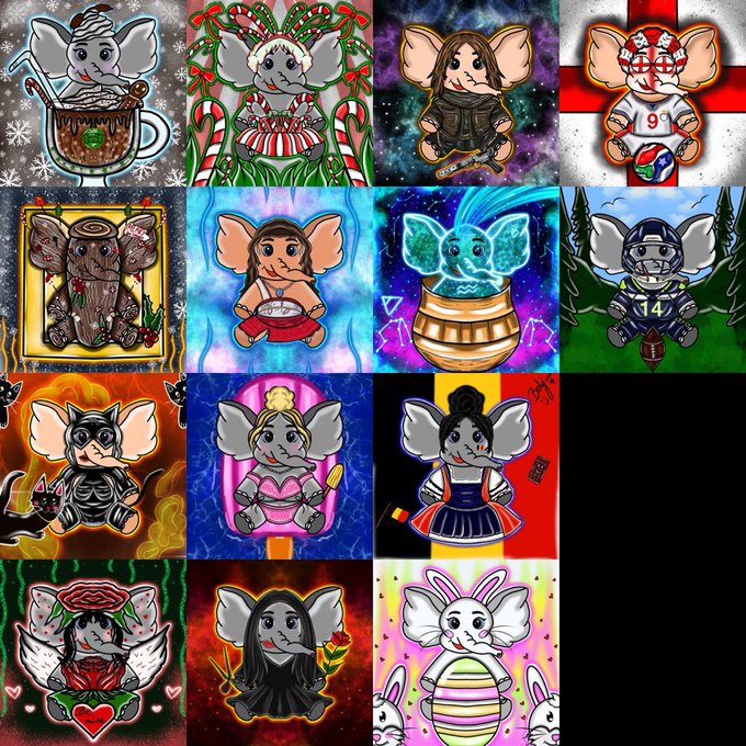A grid displays 15 unique cartoon illustrations of cute, chibi-style animals, mostly elephants, depicted in various costumes and scenes.