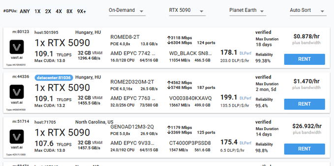 The image shows the Vast.ai marketplace interface displaying RTX 5090 GPU rental options, with three available machines listed—including two in Hungary ($0.878/hr and $1.470/hr) and one in North Carolina ($26.932/hr)—featuring specs like 32 GB VRAM, AMD EPYC processors, and DLPHash ratings around 175-199, illustrating the platform where users can select and rent a powerful GPU as outlined in the post's mining guide.