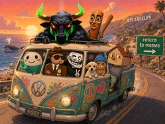 An illustration of a Volkswagen van packed with various cartoon characters, with a 'Los Angeles' sign and 'return to memes' signpost in the background.