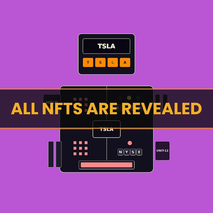 Graphic on a purple background showing a TSLA stock ticker interface with the text 'ALL NFTS ARE REVEALED'.