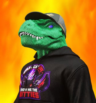 A green dinosaur mascot wearing a gray cap and a black hoodie with a purple logo and the text 'KNOW ME THE HOTTIES' stands against a bright orange background.