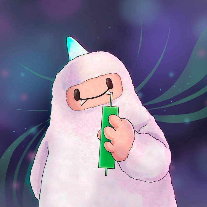 Digital illustration of a pink fluffy character in a unicorn onesie with a blue horn, sipping a green drink against a swirling purple and teal cosmic background.