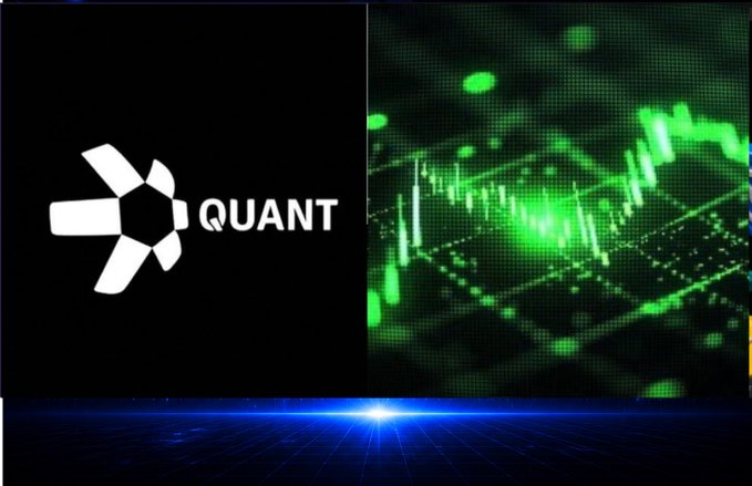Image featuring the Quant (QUANT) cryptocurrency logo on a black background alongside green stock chart graphics and a blue neon grid floor.