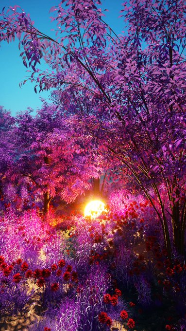 A vibrant, digitally rendered landscape features purple and magenta trees and flowers surrounding a glowing sun against a bright blue sky.