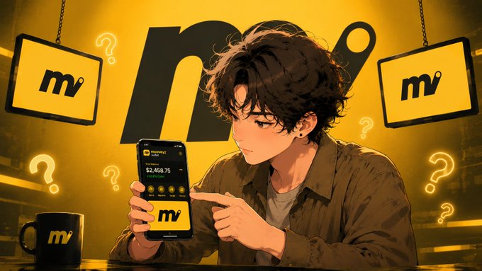 An anime-style illustration of a young man looking curiously at his smartphone showing a crypto balance of $2,458.75, with "mv" branding visible on the phone screen, hanging signs, and a coffee mug in a yellow-themed setting.