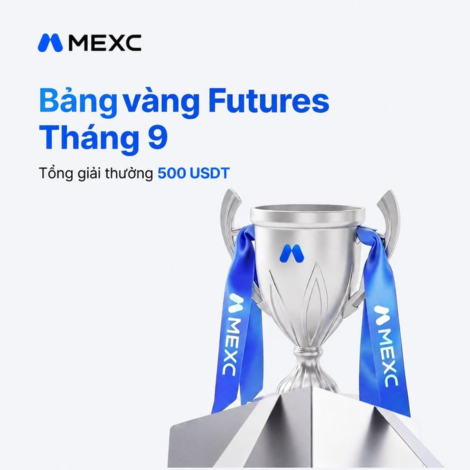 A promotional graphic for MEXC shows a silver trophy with blue ribbons beside the text 'Bảng vàng Futures Tháng 9' and 'Tổng giải thưởng 500 USDT'.