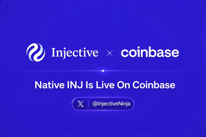 A promotional graphic with a blue background announcing 'Injective x coinbase: Native INJ Is Live On Coinbase' with the handle '@InjectiveNinja'.