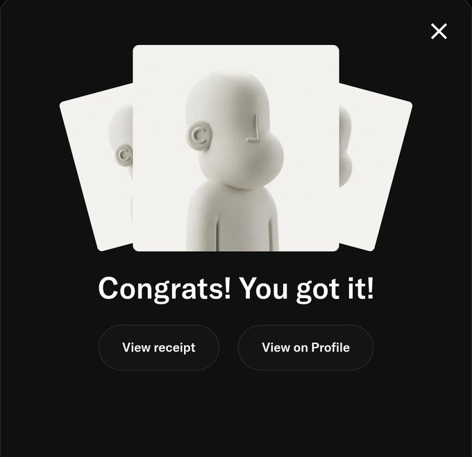 A dark digital interface showing a 3D white cartoon figure with the text 'Congrats! You got it!' and buttons for 'View receipt' and 'View on Profile'.