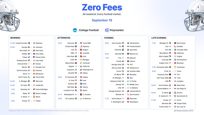 A sports betting advertisement titled 'Zero Fees' displays a college football schedule for September 19, organized into morning, afternoon, evening, and late evening time slots.