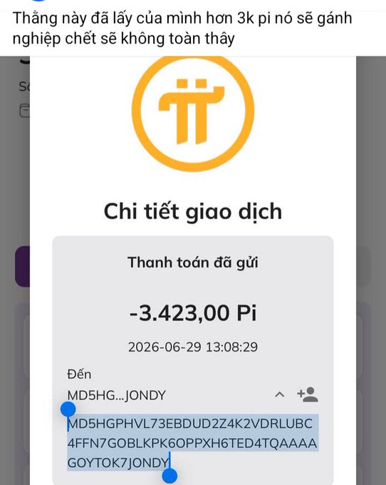 A Vietnamese-language Pi Network transaction details screen showing a completed payment of -3,423.00 Pi sent to MD5HG...J0NDY on 2026-06-29 at 13:08:29.
