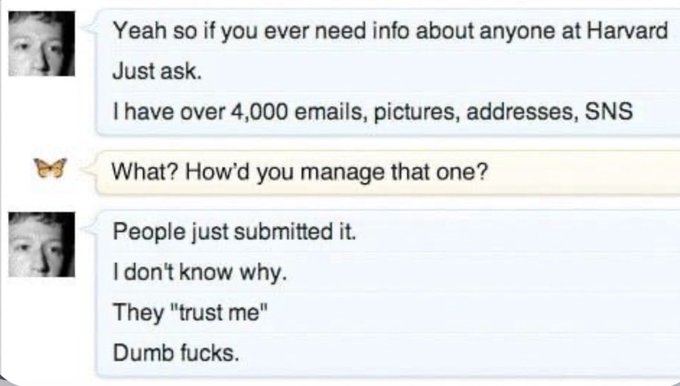 Screenshot of a chat conversation where one person claims to have 'over 4,000 emails, pictures, addresses, SNS' info about Harvard students who submitted it because they 'trust' them, with the screenshot referencing the Mark Zuckerberg Facebook scandal.