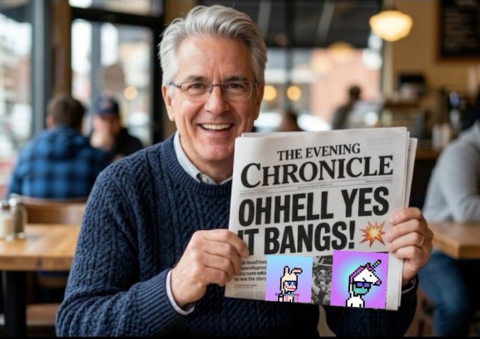 An AI-generated image of a smiling older man reading a newspaper called 'The Evening Chronicle' with a humorous headline reading 'OH HELL YES [IT] BANGS!' featuring pixel art characters.