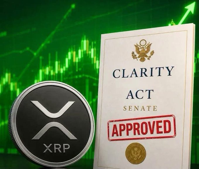 A graphic showing an XRP coin next to a document titled 'CLARITY ACT SENATE' with an 'APPROVED' stamp, set against a green stock chart background.