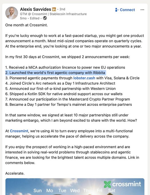 A LinkedIn post by Alexis Savvides celebrating one month at Crossmint, listing 8 major achievements including a MICA licence, agentic company launch with Ribbitra, Mastercard Crypto Partner Program participation, and 10 partnerships still under embargo.