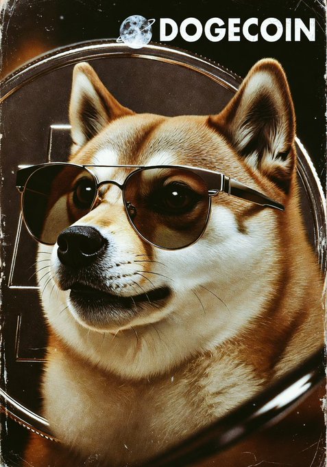 The image features a brown dog wearing sunglasses, giving it a cool and stylish appearance. The dog's eyes are looking directly at the camera, making it seem like it's engaging with the viewer. The background of the image is black, which contrasts nicely with the dog's light brown fur. In the bottom right corner of the image, there is text that reads "Dogecoin $DOGE". This suggests that the image might be related to a post about Dogecoin or cryptocurrency, possibly featuring the dog as a symbol or mascot for the coin.