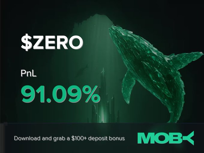 A Moby promotional graphic showcases a trader alert for closing a $ZERO position with a 91.09% PnL gain, promoting a $100+ deposit bonus alongside an underwater green whale visual.