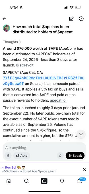 A Twitter/X screenshot from @sixrevolt discussing that around $76,000 worth of $APE (ApeCoin) has been distributed to $APECAT holders, detailing the APECAT memecoin on Solana with a 3% buy/sell tax, posted from 'A Bored Ape Space'.