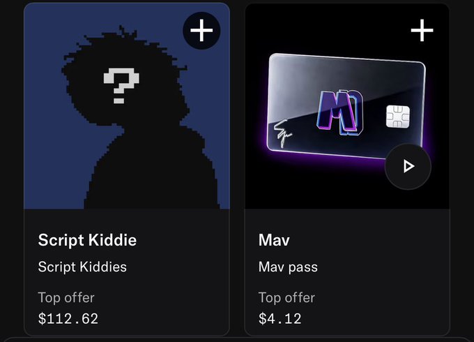 Two product cards are displayed side-by-side on a dark interface: the left shows a silhouette avatar labeled 'Script Kiddie' with a 'Top offer' of '$112.62', and the right shows a metallic card labeled 'Mav' with a 'Top offer' of '$4.12'.