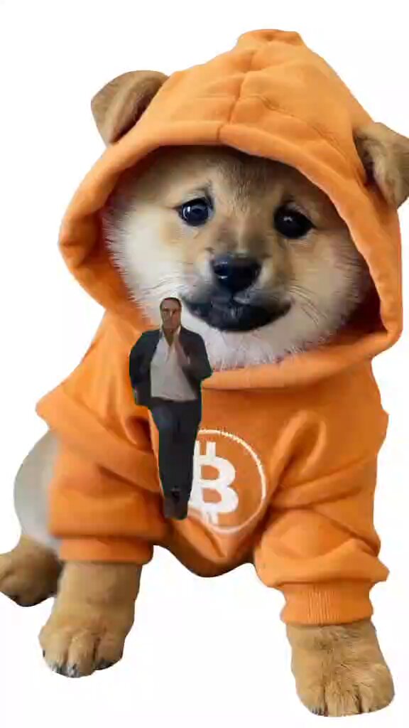 The image features a small dog wearing an orange hoodie with a white "B" logo, sitting down against a gray background. In front of the dog's face, there is a man dressed in a suit holding a wallet. The text on the image reads "Pay day. Go buy $dog". This suggests that the person might be trying to sell the dog or promote an event related to dogs and money.