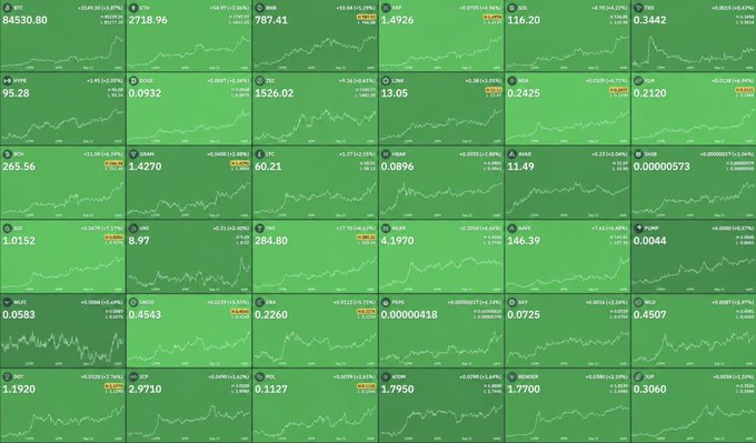 A green-themed financial dashboard displaying stock tickers including BTC, ETH, GBB, S&P, IXIC, HYGN, DIDI, ZEC, LINK, BGB, TON, JTO, GFMX, GOH, NEO, BAKE, JUMP, MXBT, JNDO, SILA, PEN, SXY, GLD, SCP, NGL, ATOM, and RENDER, with most showing positive percent gains.