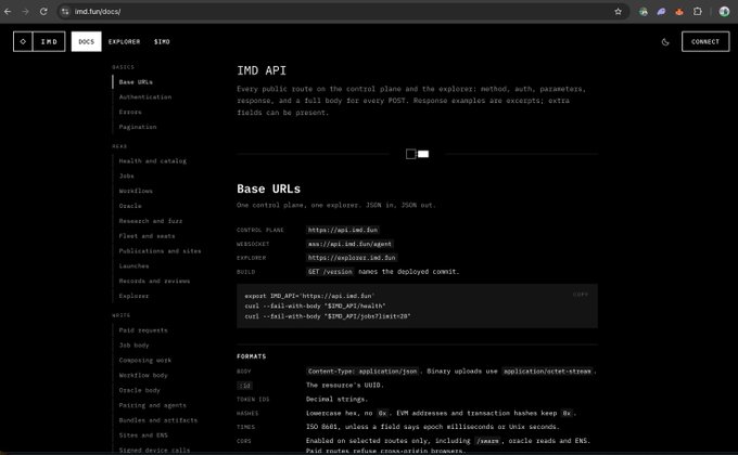 An IMD API documentation webpage on imd.fun/doc/ showing base URLs including CONTROL_PLANE at https://api.imd.fun and WSHOST at wss://api.imd.fun/ws/0.