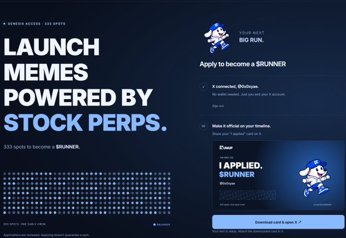 Promotional graphic for 'LAUNCH MEMES POWERED BY STOCK PERPS' featuring $RUNEP mascot, offering 333 spots to become a $RUNNER with X account verification.