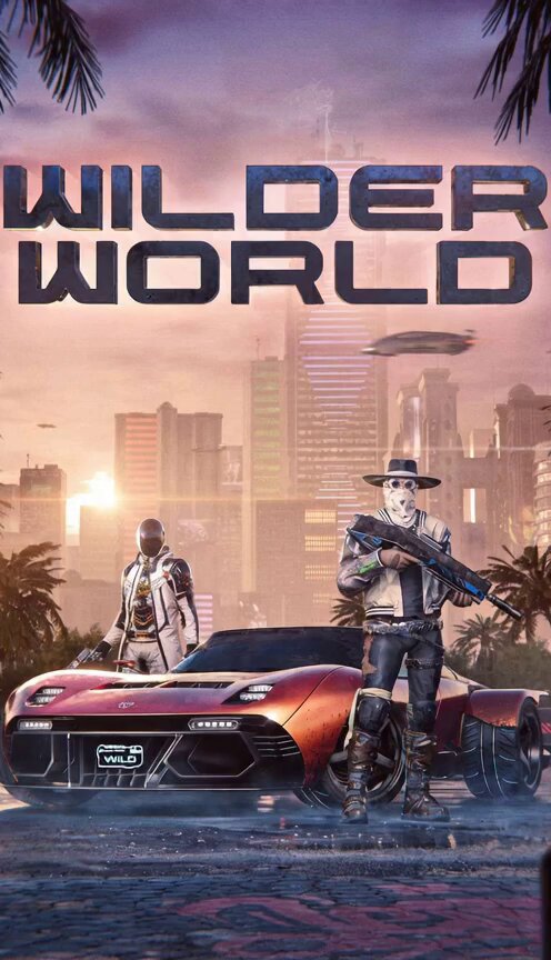 The image features a poster for the video game "Wild World", which has two characters standing next to an orange car with a gun, possibly representing a futuristic cityscape or a post-apocalyptic setting. The background of the poster shows a city skyline at sunset, adding to the overall atmosphere and theme of the game. The text on the poster reads "WILD WORLD" and "ARE YOU READY?".