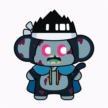 A cartoon illustration of a gray mouse character with red eyes wearing a blood-stained dark outfit and a headband with metal studs.