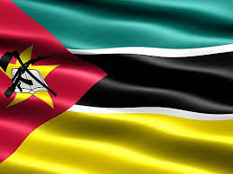 The image features a flag with red, yellow, and green colors, which appears to be waving in the wind. The flag has a unique design that includes a triangle at its center, possibly representing a country's national emblem or symbol. The flag is blowing in the breeze, indicating a windy day.