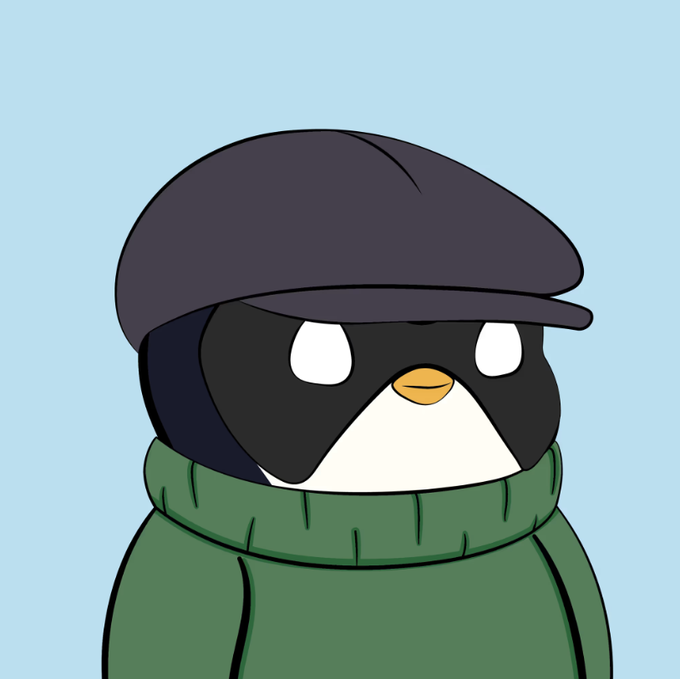A cartoon penguin wearing a flat cap and green turtleneck sweater against a light blue background, visually representing "The Penguin" referenced in the post about returning after time away and observations on IRL being a competitive advantage over onchain building, AI content, and permissioinless finance.