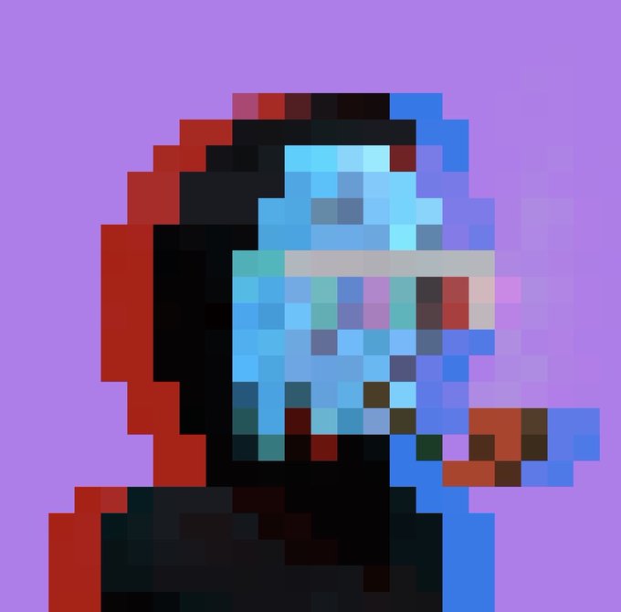 A pixelated portrait of a hooded figure wearing a glitchy, red-and-blue digital mask against a purple background.