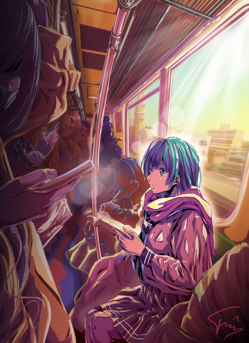 An anime-style illustration of a young woman with teal hair sitting by a train window reading a book, with warm sunlight streaming in and another passenger visible across the aisle.