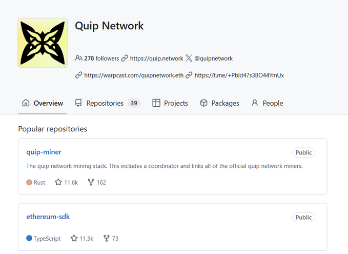 GitHub profile page for "Quip Network" (@quipnetwork) with 278 followers, showing popular repositories including "quip-miner" (Rust) and "ethereum-sdk" (TypeScript).