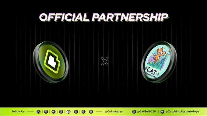 An 'OFFICIAL PARTNERSHIP' graphic is displayed between the CoinStages and Catching Absolute Tops (CAT) crypto projects, featuring their respective logos.