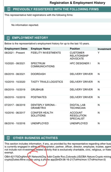The image shows a FINRA registration and employment history disclosure for Julius Arthur Bontigao, formerly a Customer Relationship Advocate at Fidelity Investments, with a red circle highlighting an "Other Business Activities" disclosure involving OBA-62175 (OrgNm: Pi Network), which details crypto mining activities using a phone app.

The post clarifies that this entry is not an SEC endorsement of Pi Network, but merely one individual's personal disclosure of an outside business activity on a routine regulatory filing.