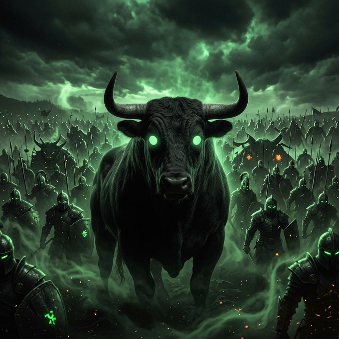 A dark fantasy artwork depicts a massive black bull with glowing green eyes standing before an army of armored knights under an ominous green stormy sky.