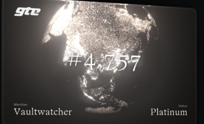 A digital membership card or display for 'Vaultwatcher' showing Platinum Status with a glowing globe made of data points and the number '#4,757' in the center.