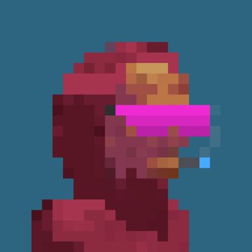 Pixel art portrait of a figure in a red hooded garment wearing a bright pink visor against a dark blue background.